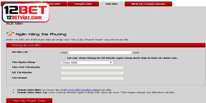 Hướng dẫn thực hiện sao kê tài khoản 12BET